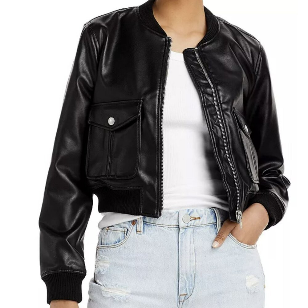Blank NYC Black Vegan Faux Leather Bomber Jacket Sz Large NWT